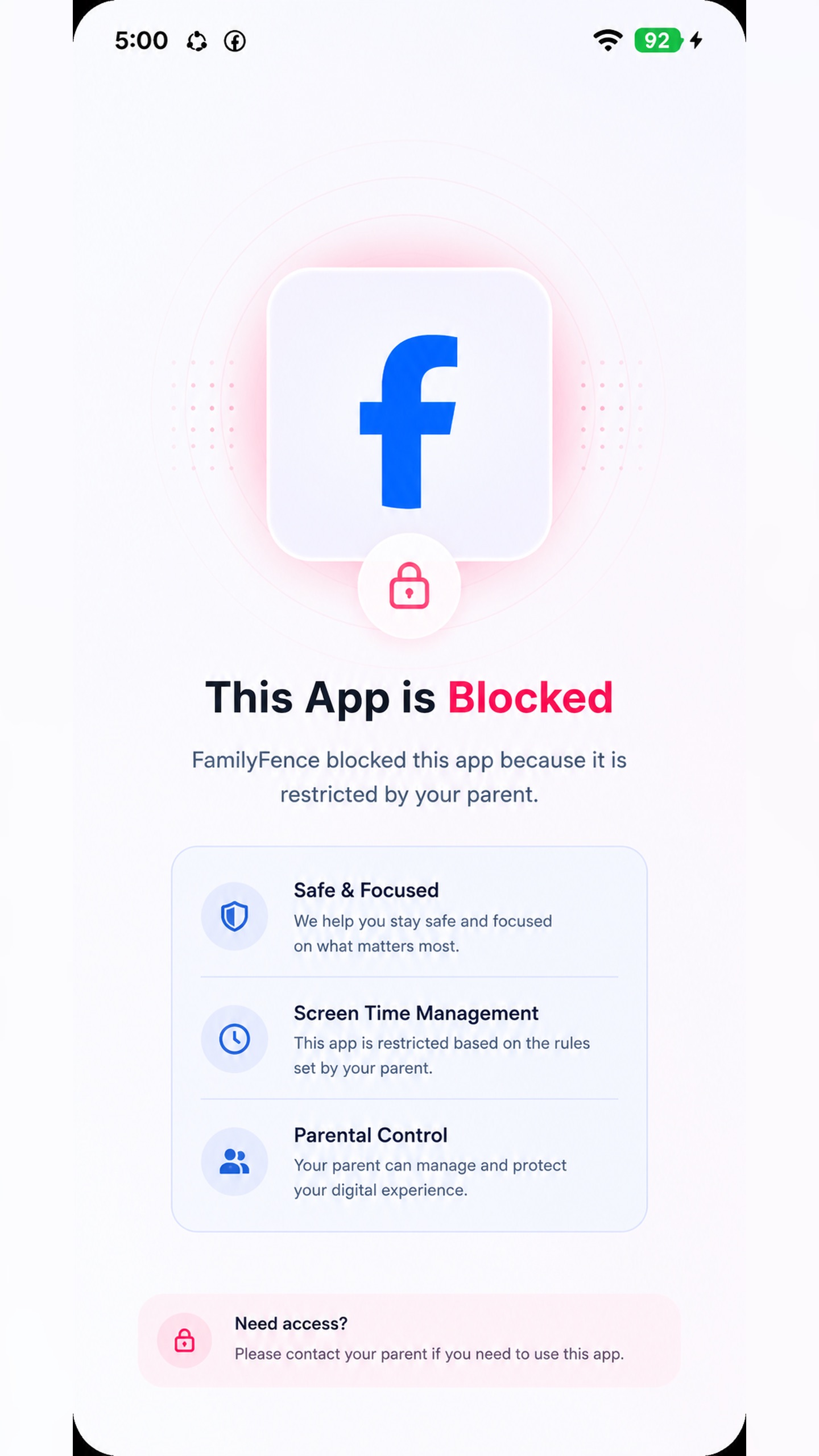 FamilyFence Kid screen showing that an app is blocked by a parent rule