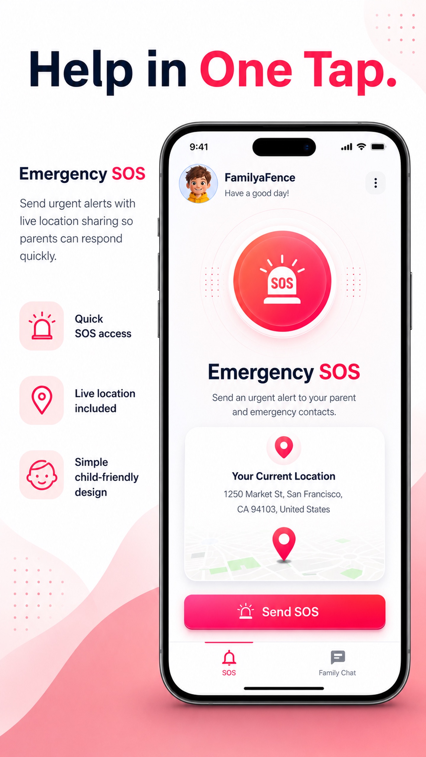 FamilyFence Kid Emergency SOS screen for reaching a parent or guardian