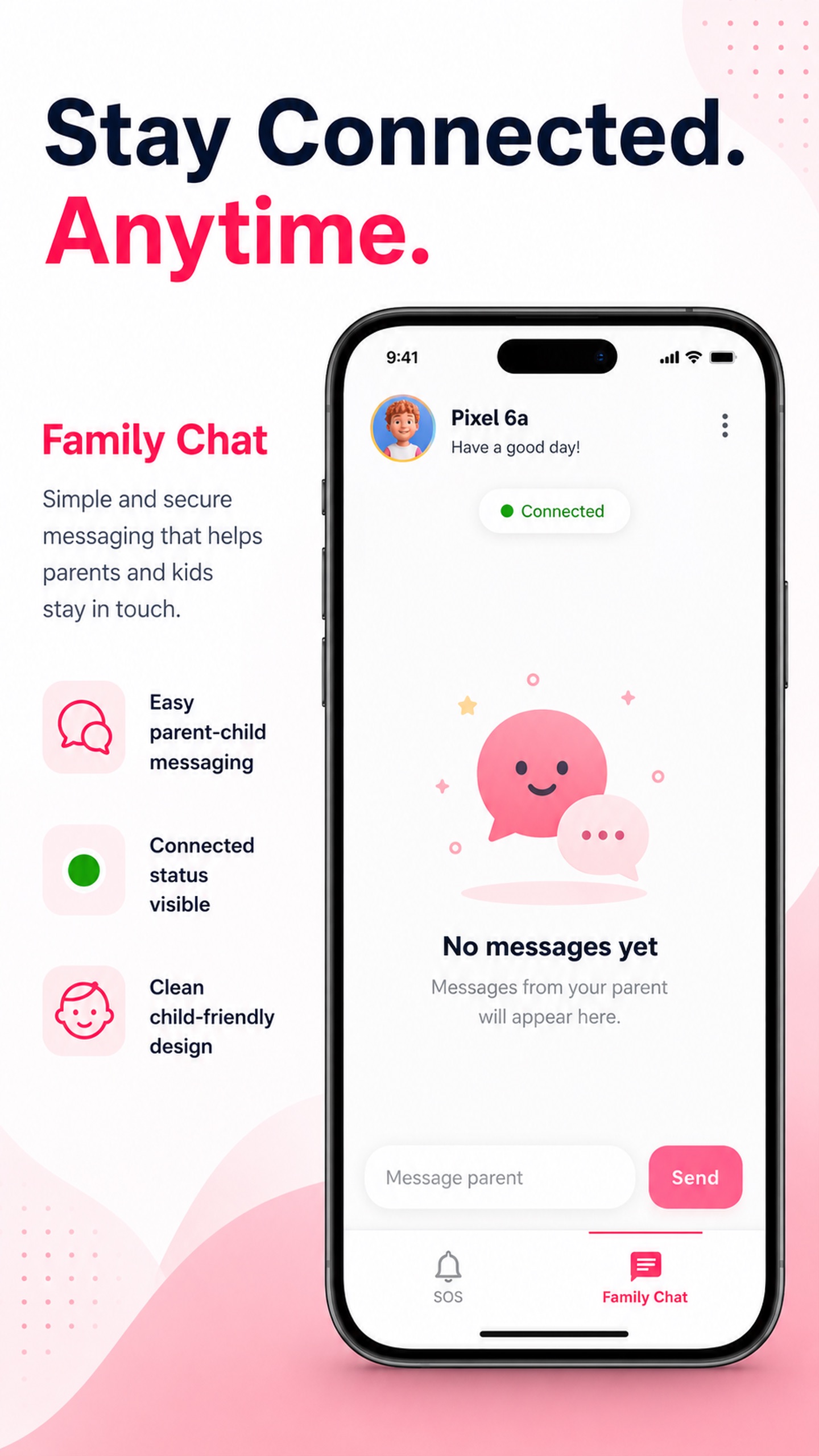 FamilyFence Kid Family Chat screen with parent-child messages