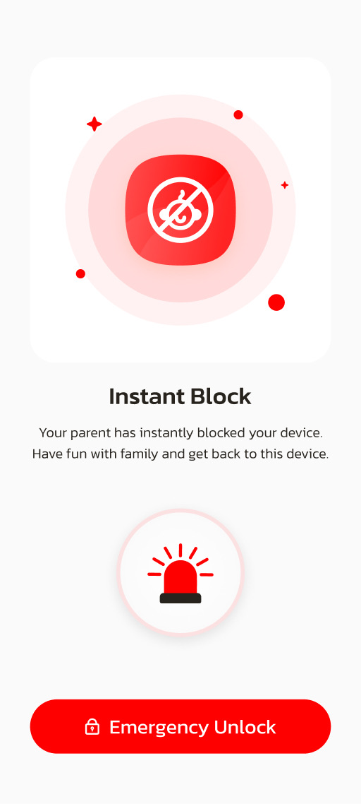 Instant Block child-device screen with emergency unlock option