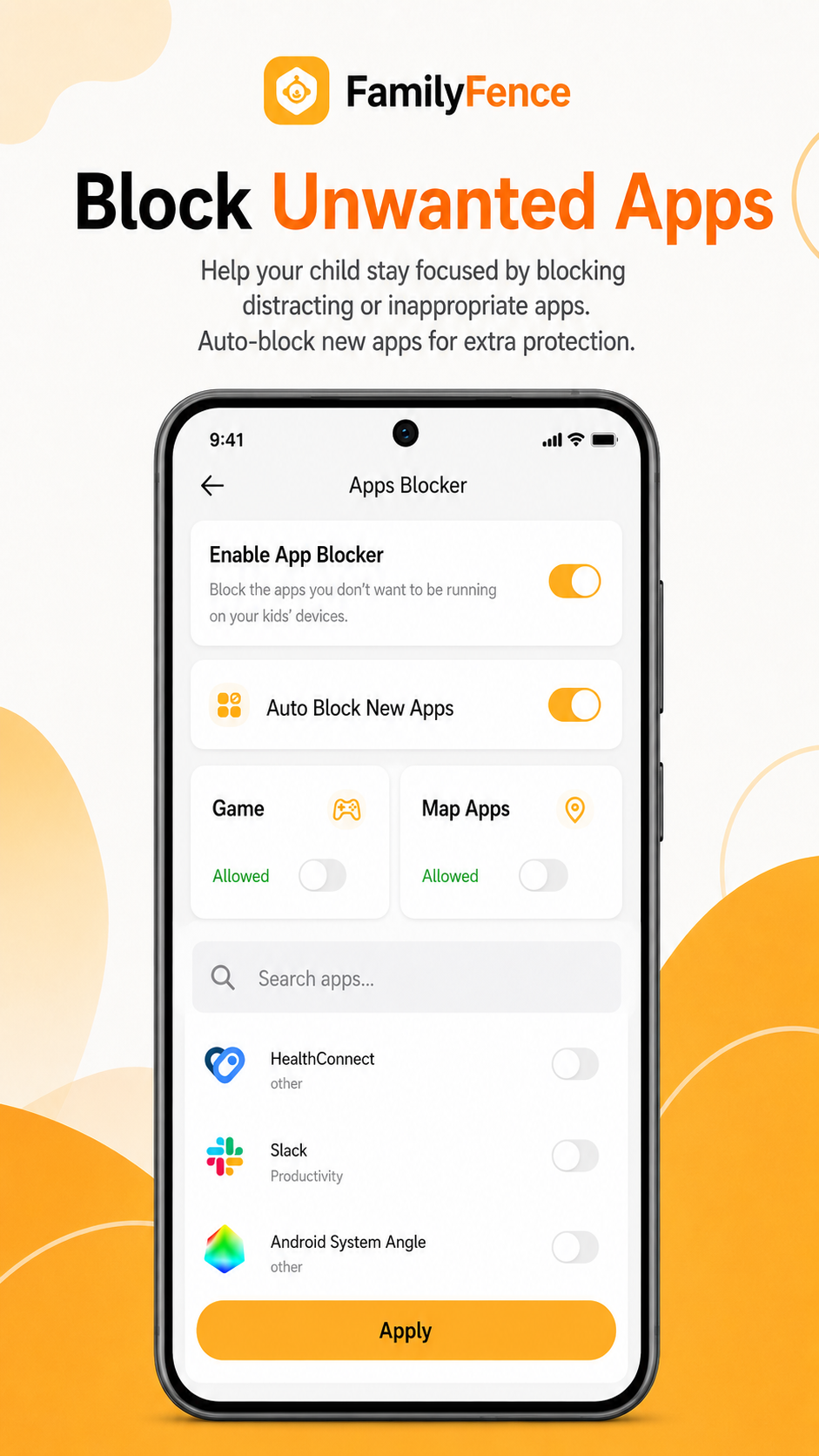 FamilyFence App Blocker screen with app access controls