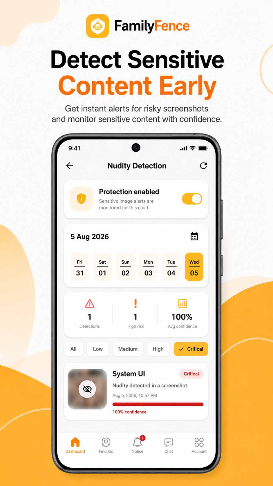 FamilyFence Content Safety screen with sensitive-content protection alerts