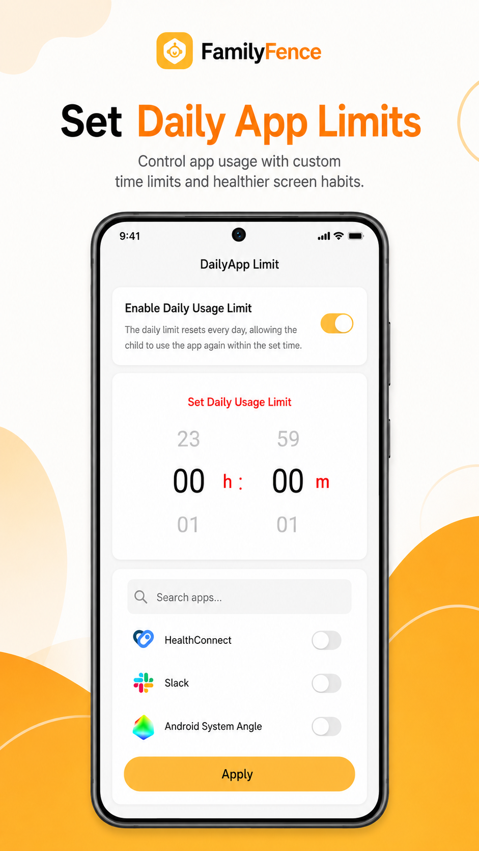 FamilyFence Daily Limit screen for setting app usage limits