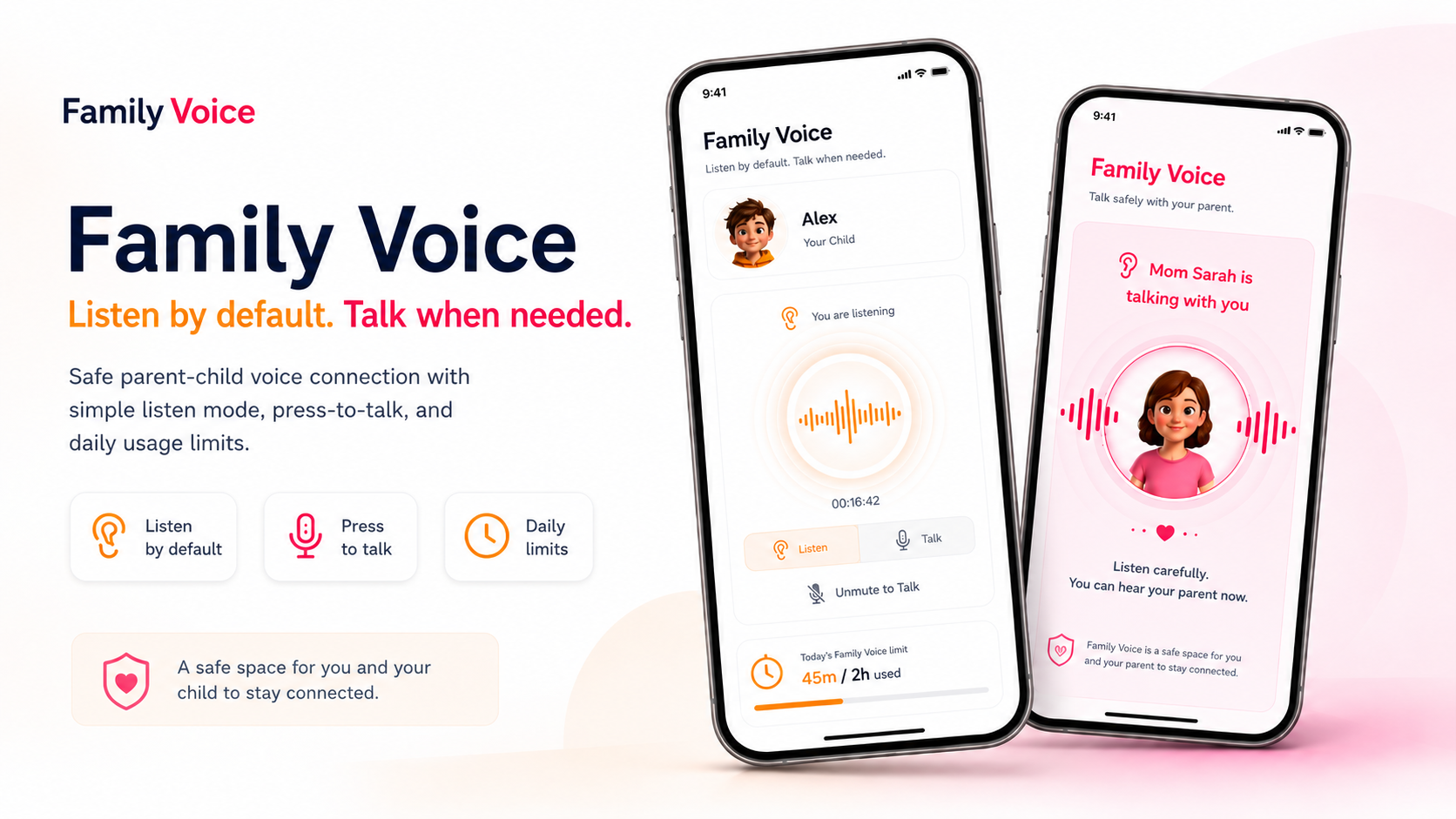 Family Voice feature graphic showing Listen and Talk modes on parent and child devices