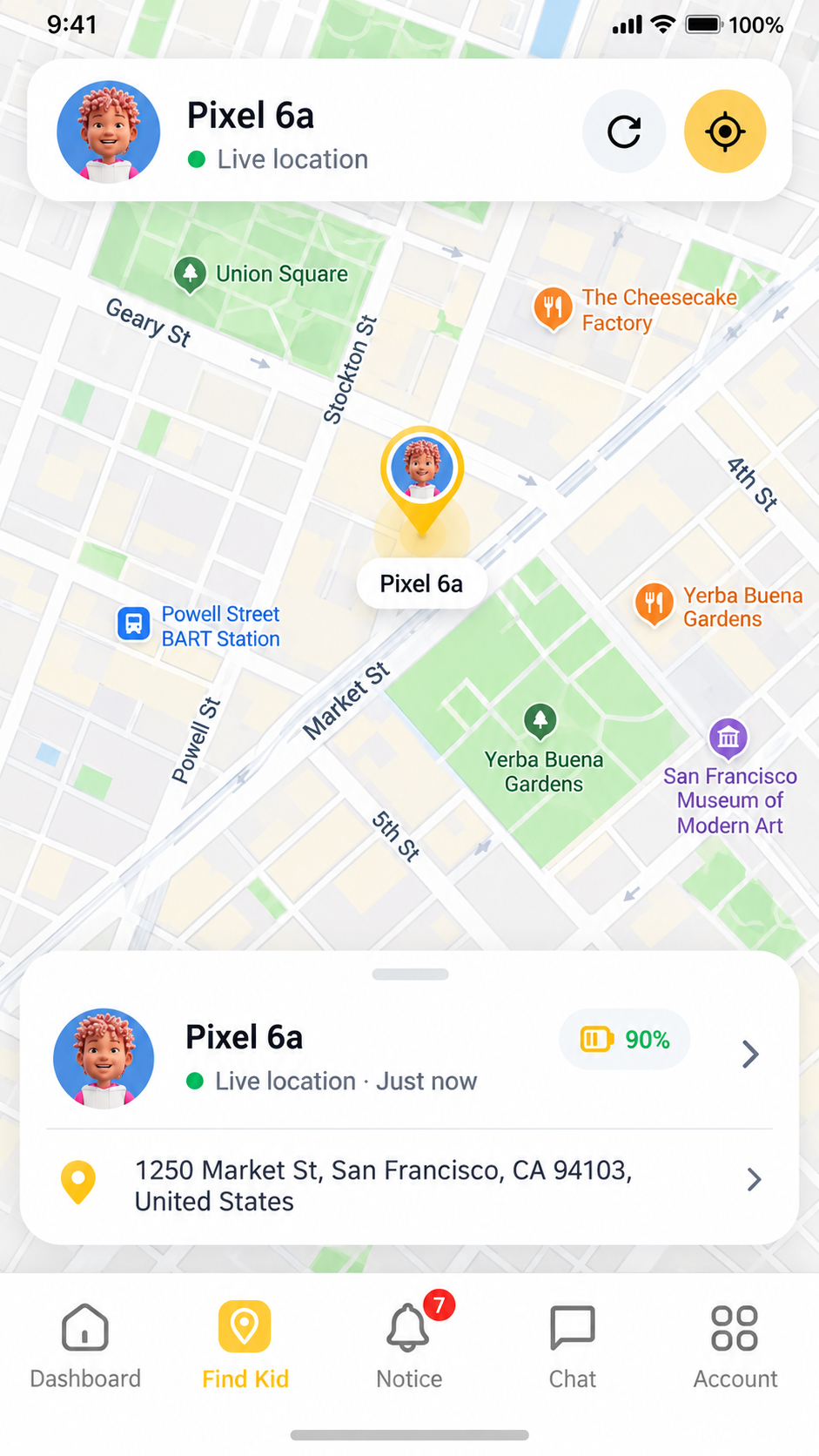 FamilyFence Find Kid screen showing a supervised child device on a map with live location information