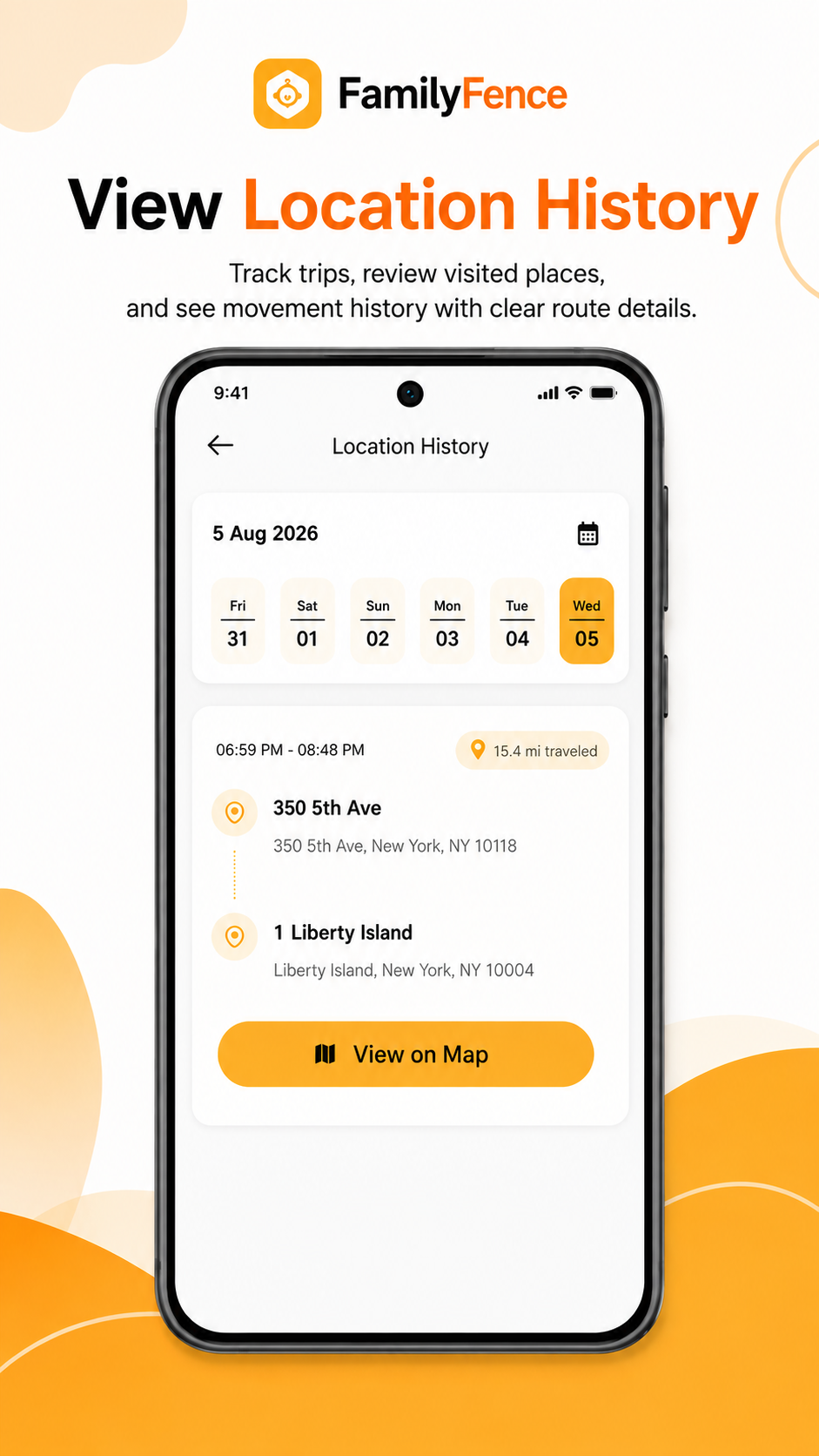 FamilyFence Location History screen showing previous trips, visited places, and route details