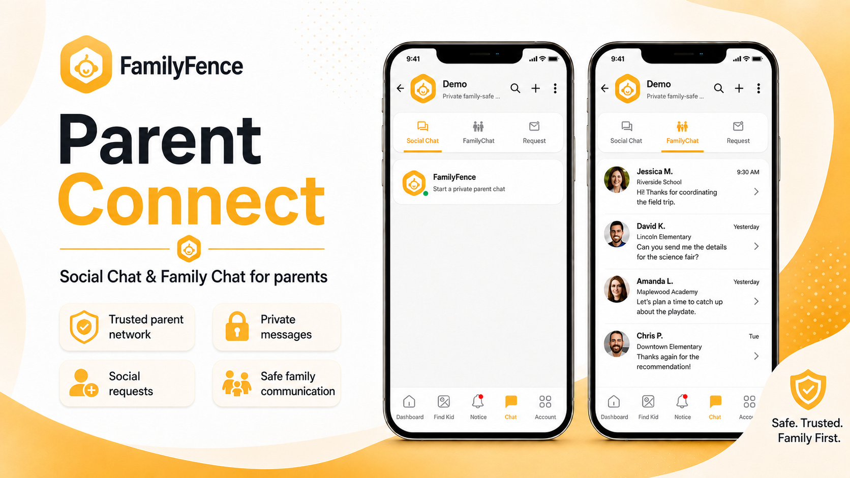 FamilyFence Parent Connect feature graphic showing Social Chat and Family Chat