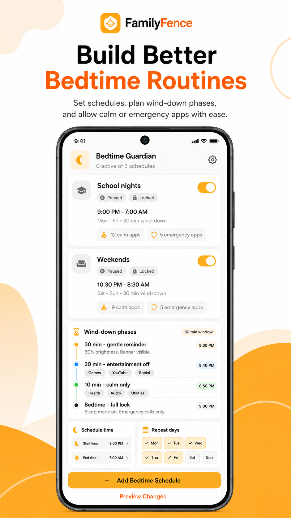 FamilyFence Screen Time screen for creating bedtime schedules and wind-down routines