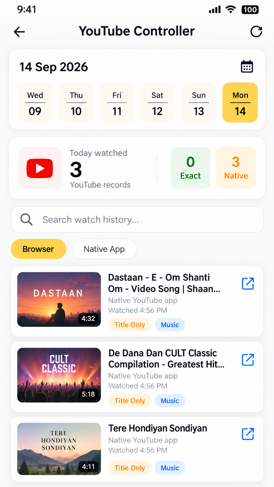 FamilyFence YouTube Controller screen showing YouTube watch records and content activity summaries