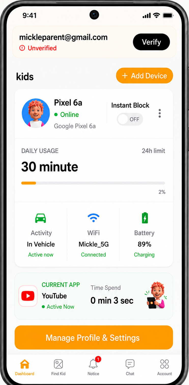 FamilyFence Parent App dashboard showing a connected child device, daily usage, instant block controls, and current app activity